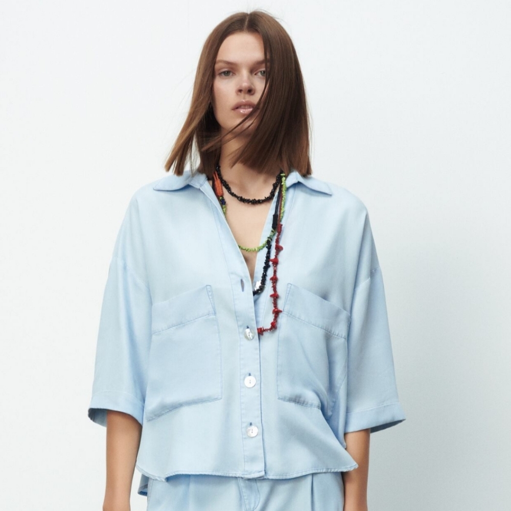 Zara Slouchy Light Blue Shirt with Mother of Pearl Buttons
